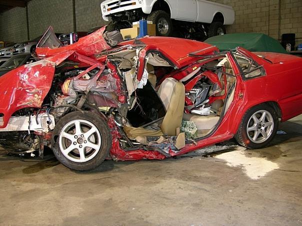 Marcus Mendozas Volvo S70 after the rescue team had cut the wreck open to free Marcus.